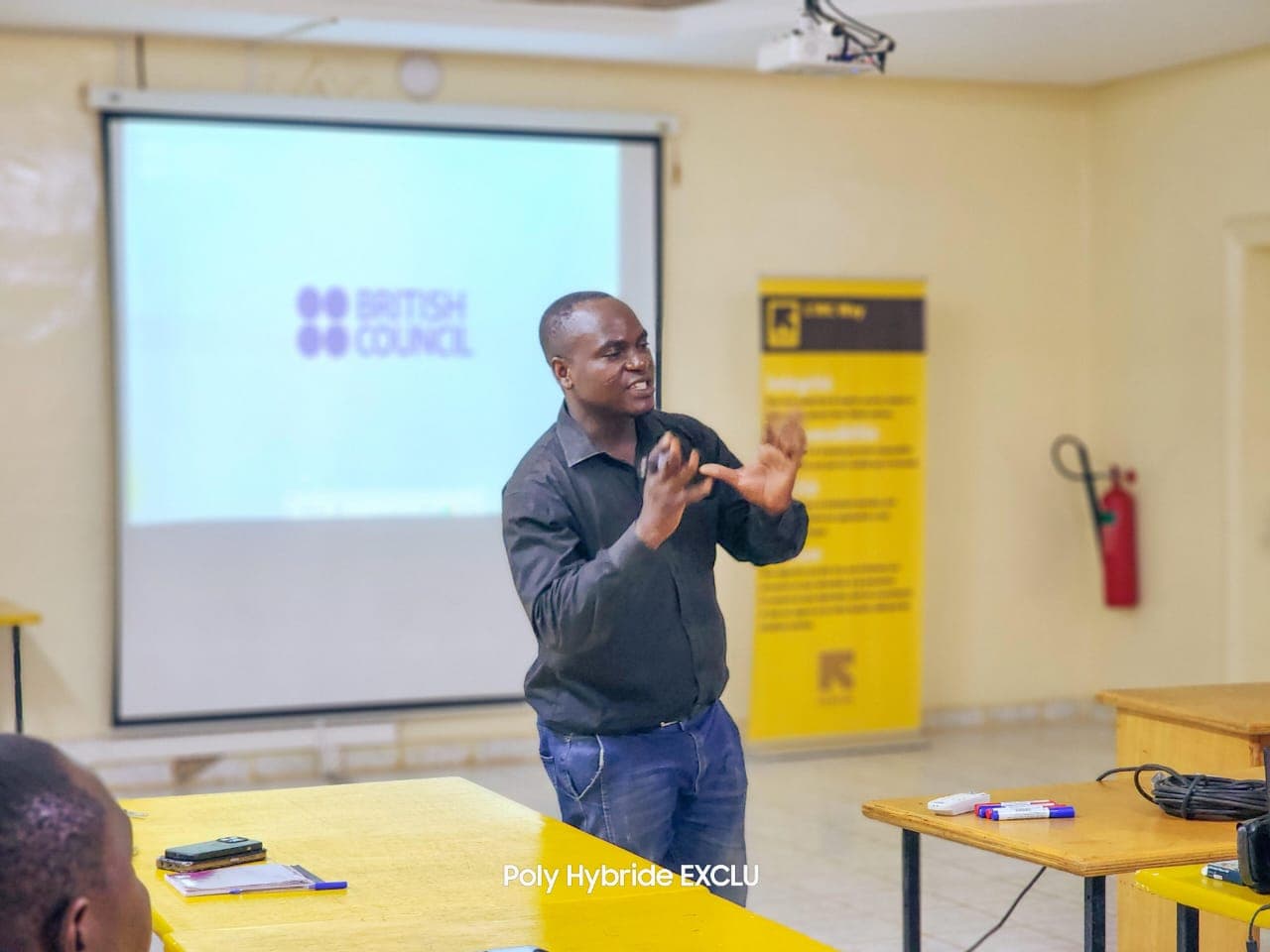 UK-linked English coaching session with British Council branding on screen at D.A Language Academy